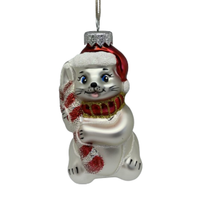 Hvid mus med julestok - Julekugle