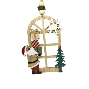 Julemand med gaver i tr ved vindue - Juleophng