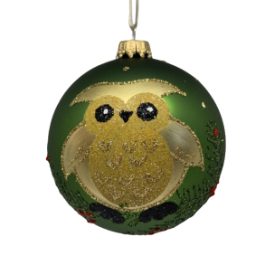Mosgrn julekugle med uglemotiv i guld