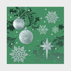 Mosgrn serviet med slvfarvet motiv - Juleserviet 33x33cm