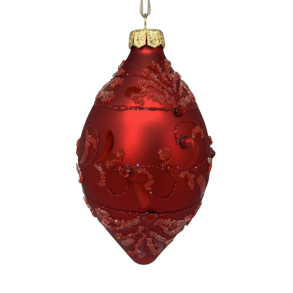 Rd julekugle i glas - Oval med sten