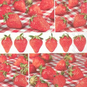 Serviet med jordb�r p� r�kke- Sommerserviet 33x33cm