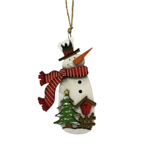 Snemand i tr med fuglehus - Juleophng