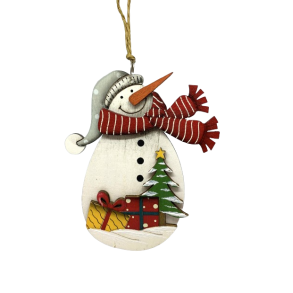 Snemand i tr med juletr og rdt trklde - Juleophng